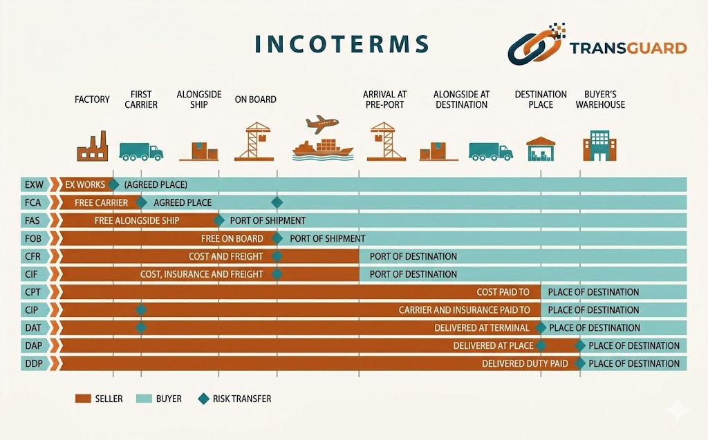 Grafisk oversigt over Incoterms 2020 med fordeling mellem sælger, køber og risikoovergang